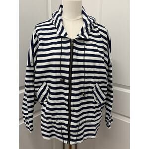 Women’s Blue White Striped Hooded Windbreaker Jacket Medium Zip Front Nautical
